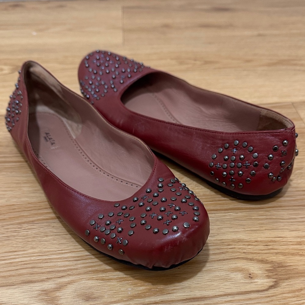 Alaia Paris Red Leather Studded Ballet Flats